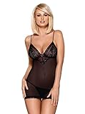 Aufreizendes, 3-teiliges Dessous-Set aus Negligee / Babydoll, passendem String & exklusiver Satin-Augenbinde, made in EU