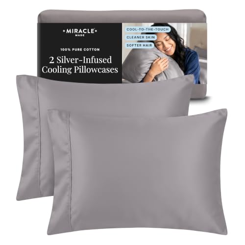 Miracle Made Luxe Soft Cooling Pillowcase 2-Piece Silver-Infused Cotton Fabric Cool and Breathable Case for Sensitive Skin King/Cali King Size Covers Stone