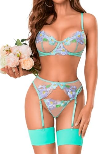 Kaei&Shi Floral Embroidered Garter Belt Set,Sheer Lingerie Sets for Women Sexy,Wedding Night Valentines Boudoir Outfits