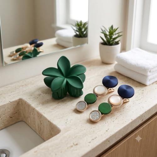 Image of Mini Green Hamper Accessories Set, Green Printed Pattern Scrunchie, Beaded Bracelet, Trendy Flower clips, and Hair Pins (Gift Hamper 02)