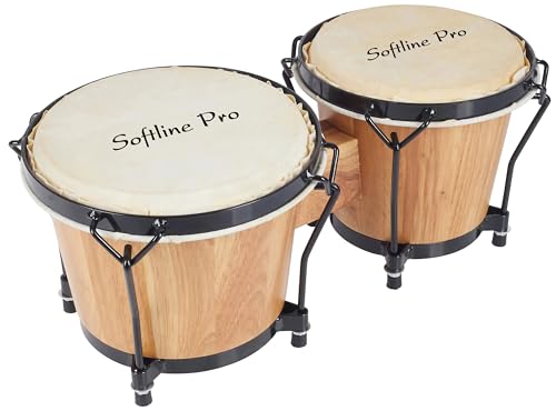 Image of Softline Pro Bongo Drum Set with Tuning Wrench & Padded Professional Wooden Percussion Instrument for Beginner Adults Kids - Natural Skin (Natural)