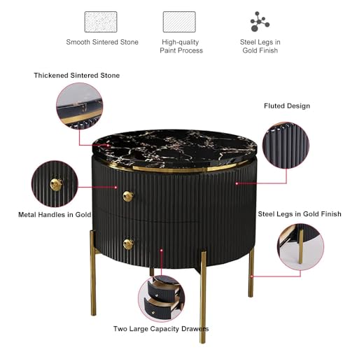 Image of Spain Bedside Table with 2 Drawers, 18x18x18 Inch, Round Sintered Marble Top, Gold Metal Legs & Handle, Waterproof Plywood Body, Modern Side Table for Sofa /Bedroom (Black)