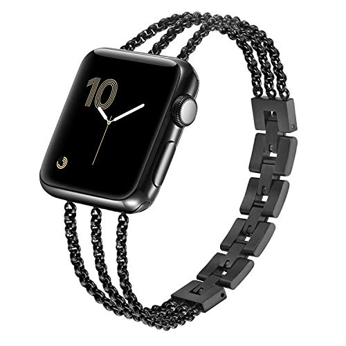 Fastgo Black Compatible With Apple Watch Band For Women 40Mm 41Mm 38Mm 44Mm 45Mm 49Mm Ultra, Tassel Cool Chains Metal Bracelet Stainless Steel Thin Cuff Wristband For Iwatch Se Series 8 7 6 5 4 3 2 1 #TOP7
