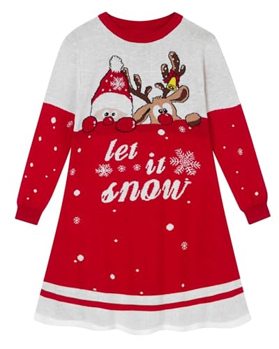 AIDEAONE Weihnachten Kostüm für Mädchen Strickkleid X-Mas Pullover Kleid Rot