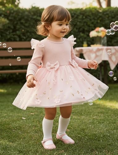 PATPAT Toddler Fall Dress Wedding Guest Birthday Fall Flower Girl Long Sleeve Tulle Tutu Dresses 18-24 Month Pink Floral