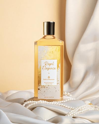 Image of Bath & Blossoms Regal Elegance Shower Gel | Warm Amber & Musk | Rich Foaming Lather | Aloe Vera & Vitamin E | Hydrating Gentle formula suitable for all skin types | 100% Paraben Free & Vegan | Premium Body Care
