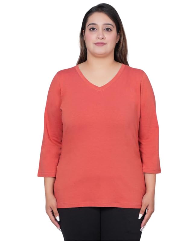 Image of Mlada V-Neck Cotton 3 /4th Sleeves Tshirt for Women | Stretchable Regualr Fit Solid Cotton Tshirts | Casual 3 /4th Sleeves Tshirts for Women Office Wear | Solid Round Neck Tshirt