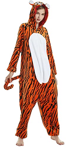ALANTOP Unisex Volwassen Onesie Pyjama Dier Een Stuk Flanel Nachtkleding Kerst Halloween Cosplay Kostuum Jumpsuit Fancy Dress, Tijger, XL