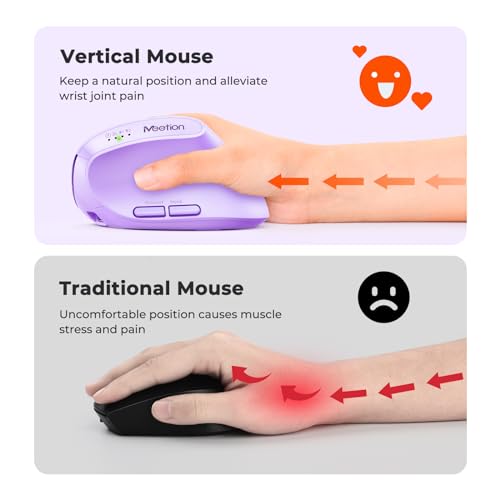 Image of MEETION Ergonomic Mouse, Wireless Mouse, Bluetooth Vertical Rechargeable Mice, 4 Adjustable DPI 800-2400, Bluetooth 5.2+5.2+USB Mouse for Windows /Mac, for Laptop /PC /Desktop /Computer /iPad - Purple
