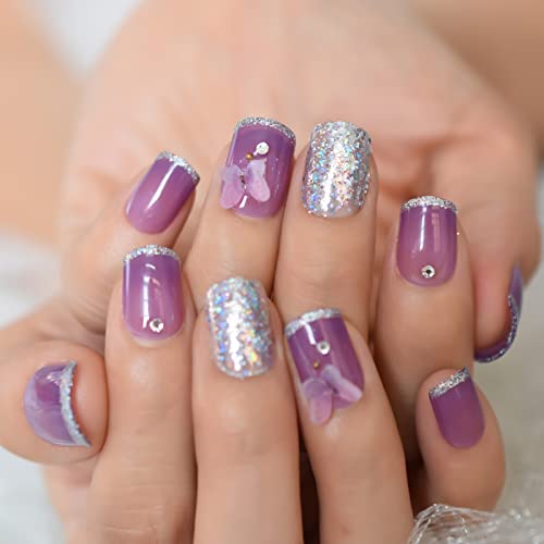 Short Glitter Fake Nails Purple Butterfly Rhinestone False Nail Tips Glossy Full Cover Press On Nails With Glue Sticker #TOP2