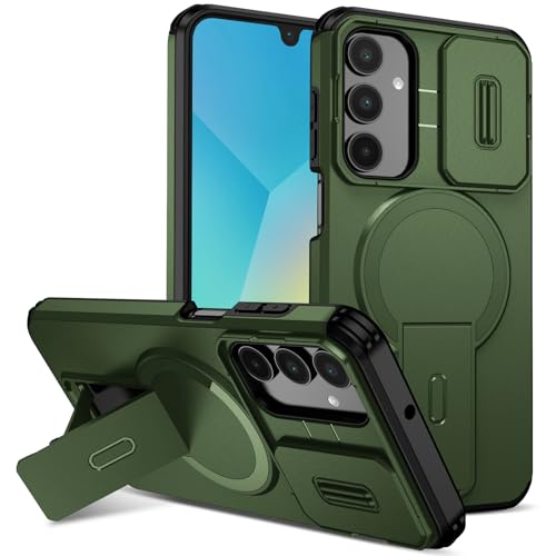 LHNUNP Magnetic for Samsung Galaxy A26/A17 �}�O�l�b�g�P�[�X MagSafe�Ή� �X���C�h���J�����J�o�[�t�� �ڗ����Ȃ������L�b�N�X�^���h�t�� ���h�~�E�ϏՌ��E�Ռ��z���@�\�t��, Green
