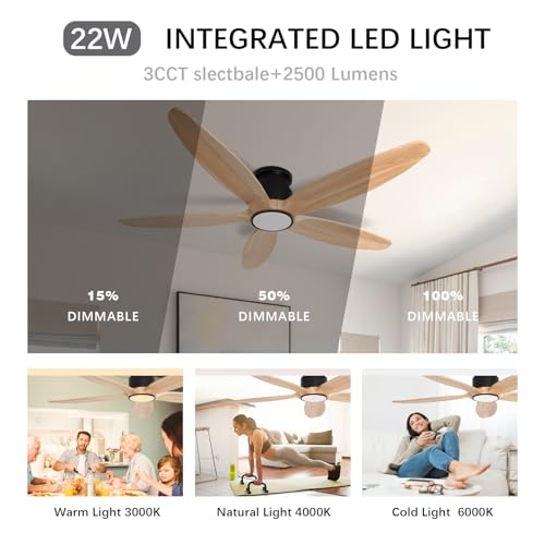 Wozzio Wood Ceiling Fan with Lights, 52Inch Flush Mount Ceiling Fan with Remote Control, 5 Blades, DC Motor,3CCT,Natural Wooden Ceiling Fans for Bedroom, Living Room, Home Office,Indoor by Wozzio - Used condition - Image 5
