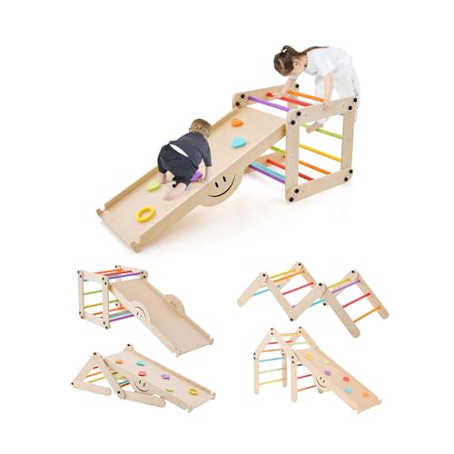 GOPLUS 7 en 1 Triangle Escalade Enfant Montessori en Bois avec Échelle Modulable, Rampe d'escalade Réversible, Toboggan, Bascule, Tabouret Intérieur pour 1 an+, Charge 60KG (Multicolore)