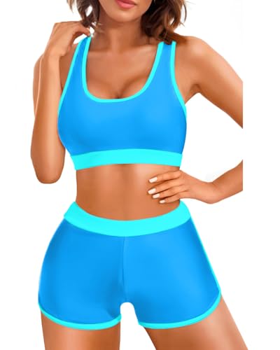 Image of Women Two Piece Sporty Bikini Set Athletic Swimsuits with Boy Shorts Bottom | Racerback, Crop top, Drawstring, Bathing suits, Mid Rise, Padded bra, Full lining, Scoop neck, Full coverage