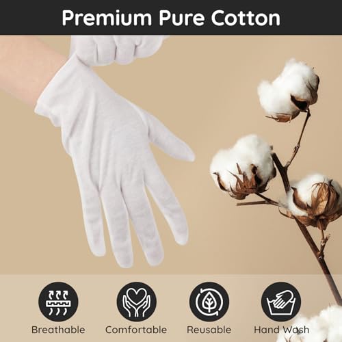 Segbeauty Weiße Stoffhandschuhe, 4 Paar Baumwollhandschuhe, Feuchtigkeitsspendende Handschuhe, Handschuhe Damen Dünn Waschbar, Pflegehandschuhe für Trockene Hände (L)