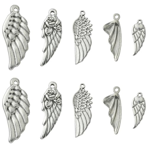 Stiesy Abalorio de ala tibetana de plata envejecida con diseño de plumas y alas vintage de acero inoxidable 304, colgante de joyería a granel para pulseras, joyas, manualidades, collares (10 unidades