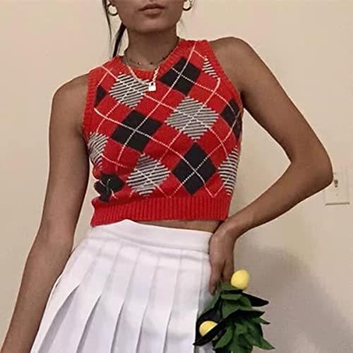 Image of Women's Sweater Vest,Y2K Sleeveless Pattern Preppy Style Knitted Crop Tank Top for Girl