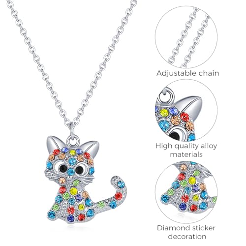 Image of SANNIDHI Cat Necklace for Girls Women Kids with Alloy Kitty Pendant Adjustable 18+2.4 Inch Chain Rhinestone Cat Charm Jewellery Gift for Girls, Women