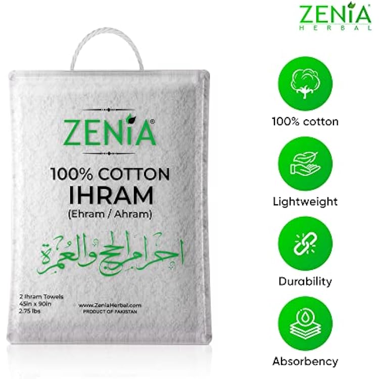 Zenia Natural Hygienic 100% Cotton Ihram (Ahram/Ehram) Towel for Hajj and Umrah - Lightweight and Durable 45 in x 90 in (Ihram)