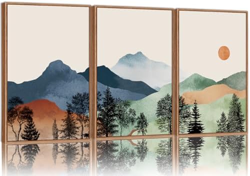 SIGNINART Boho Mountain Framed Canvas Wall Art Set of 3, Watercol...