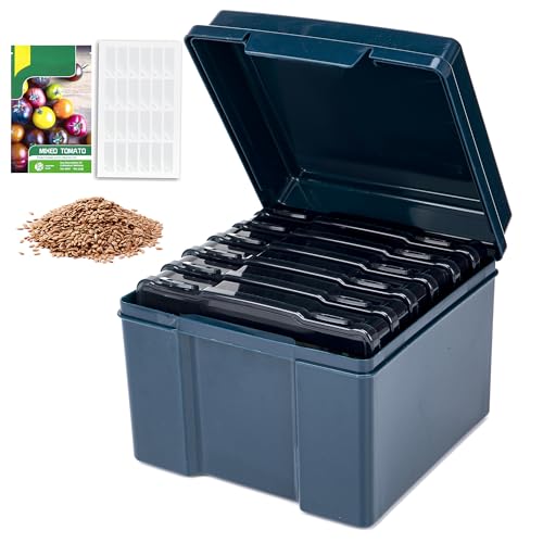 Image of Dark Green Seed Storage Box with 6 Inner 57 Inch Small Boxes, Portable Tool Storage Box for Fishing, Garden Seed Packet Storage Organizer with Label Stickers