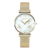 Watches for Women Japanese Analog Quartz Fashion Casual Rose Gold Silver Stainless Steel Band Waterproof Crystal Pearl Dial Bracelet Dragonfly Reliefs (Gold)