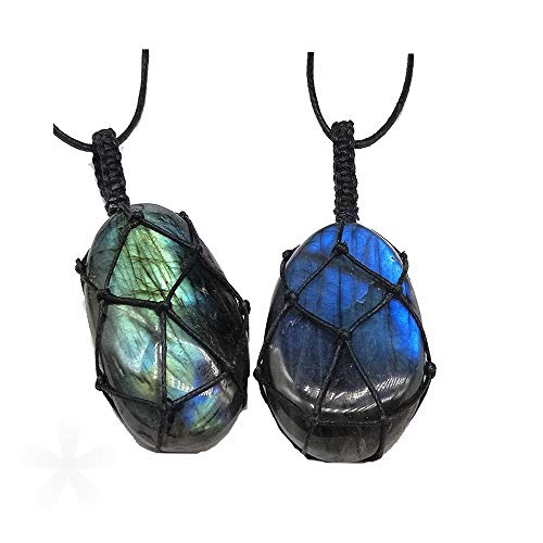 Labradorite Dragon Heart Necklace , Natural Polished Palm Green Blue Dragons Heart Necklace for Women Men(2Pcs)