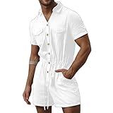 Thatrich Mens Rompers Button Down Short Sleeve Summer Shorts Casual Jumpsuits Lightweight Shorts Beach Overalls Comfy Outfits White
