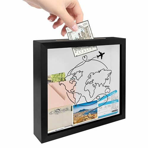 8 x 8 Inch Wooden Shadow Box Frame with Shelves Slot - Sketch Global Map Travel Theme - Money Savings Bank Ticket Saving Box Keepsake Memory Box Piggy Banks Home & Office Decor - A04