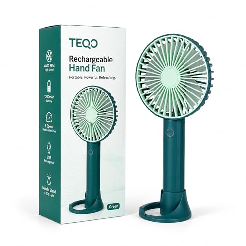 Image of TEQO Rechargeable Hand Fan 4800 RPM High Speed | 1200mAh Battery, Up to 6 Hours Runtime | Portable USB Fan with Mobile Stand & RGB Light | 3 Speed Personal Mini Fan for Travel, Makeup (Green)