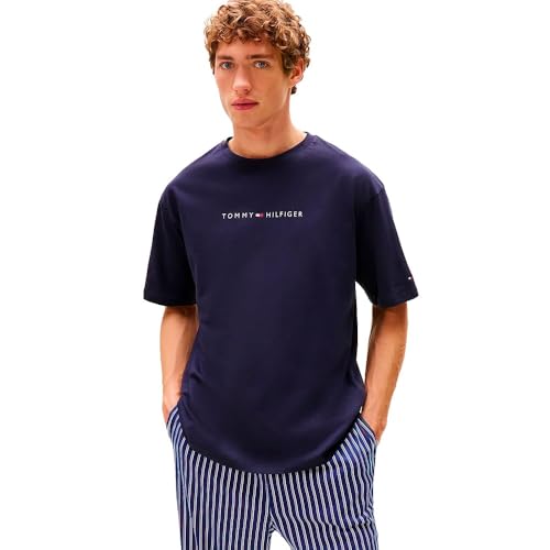 Tommy Hilfiger Herren T-Shirt Kurzarm Logo mit Rundhalsausschnitt, Blau (Desert Sky), L
