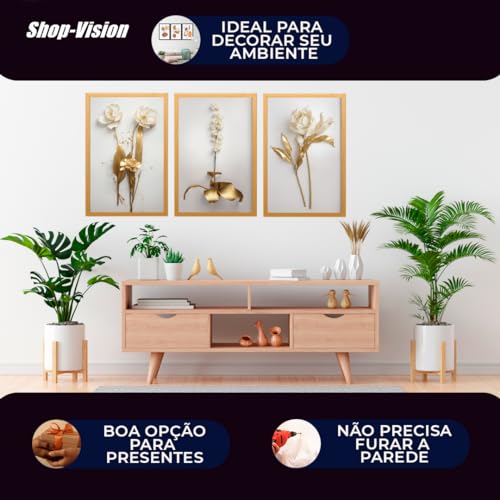 Quadro Decorativo 3 Peças Dourado Floral Branco Ouro Gold Sala Quarto Fácil Fixação com Fita Dupla F