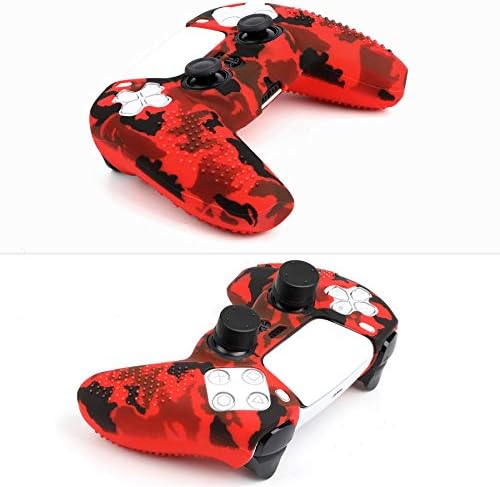 Benazcap Silicone Skin Accessories for PS5 DualSense Controller, PS5 Controller Skin x 1, with Thumb Grip x 10,Camouflage Red