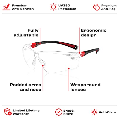 Nocry Clear Safety Glasses For Men And Women; Lightweight Work Glasses With Adjustable Frames And No-Slip Grips; Scratch Resistant Anti Fog Safety Glasses With Superior Uv Protection, Black & Red #TOP1