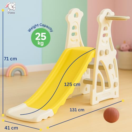 Image of Storio Kids Slide with Basketball Hoop Penguin Theme - Indoor & Outdoor Slide for Kids Ages 2-4 | White & Yellow | Safe, Sturdy & Fun Playset | Easy Assembly Toddler Slide for Boys & Girls