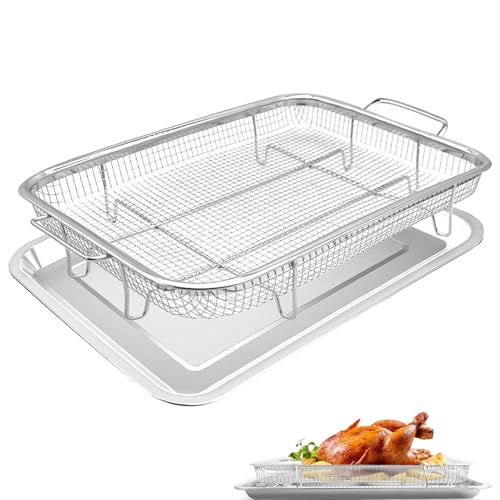 Air Fryer Basket for Oven, 2 Pieces 15.5 * 11.6'' Non-stick Steel Mesh Grill Basket Air Fryer Baking Tray Accessories Rack Roasting Basket for Convection Oven with Air Fryer, Dishwasher Safe