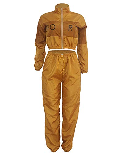 Womens Long Sleeve 2 Piece Outfits Letter Print Crop Top and Skinny Leggings Pants Jumpsuit Romper Set Orange XL