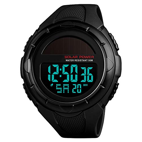 Alcadan Men's Sports Watches Solar Digital Led Face Backlight Multifunction Military Waterproof For Boys Wrist Watch 1405 (Black) #TOP18