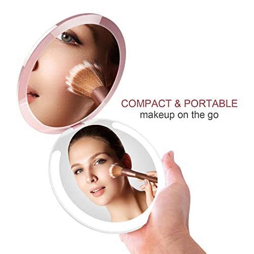Kostlich Travel Makeup Mirror With Led Lights, 1X/7X Magnifying Compact Mirror 4.7 Inch, Folding, Rechargeable Handheld 2-Sided Pocket Mirror, Portable For Handbag Purse #TOP3