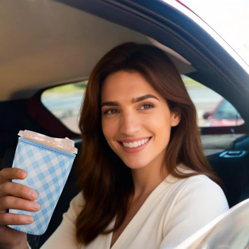 Image of Reusable Insulated Sleeve for Iced Coffee Cup, Coffee Neoprene Sleeve for Cold & Hot Drinks, Beverage Holder for Iced Coffee (Sky Gingham, Large: 32oz)