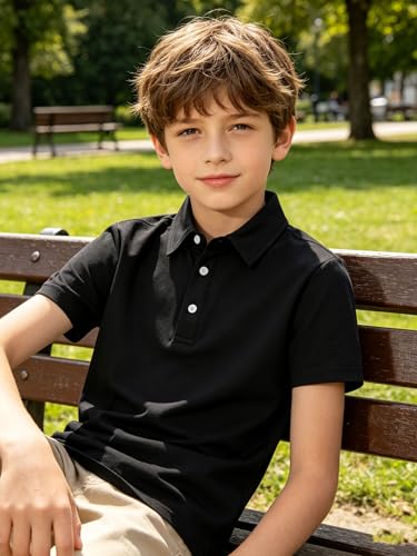 Cozople Boys School Uniform Short Sleeve Performance Polo Shirts Dry Fit Golf Shirt for Active Casual,Black,Size 9-10 — view 4