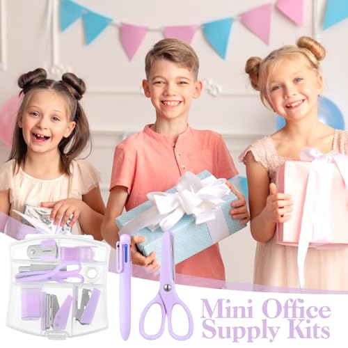 Mini Office Supplies, Purple School Supplies with Sticky Notes,Mini Stapler,Tape Dispenser,Hole Punch,Staple Remover,Staples,Clips,Scissor,Pen (Purple) - Thumbnail 7