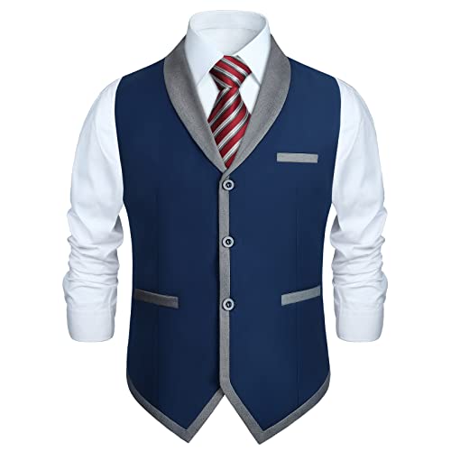 HISDERN Gilet Da Abito Da Uomo Blu Cotone Formale Elegante Grigio Risvolto Contrasto Senza Maniche Casual Panciotto Cerimonia Nozze L