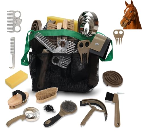 Swess Horse Grooming Kit 14 Pieces, Horse Brushes Set for Grooming & Bathing Supplies, Professional Horse Supplies with Mane & Tail Comb, Curry Comb, Hoof Pick, Gloves & Mesh Tote Bag for Equine Care