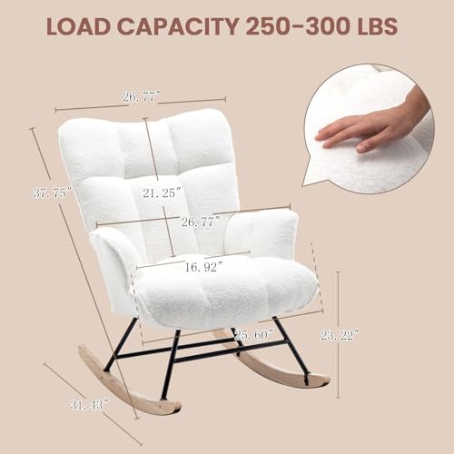 Image of SAETSFEG Rocking Chair Nursery Teddy Upholstered Glider Rocker Rocking Accent Chair Padded Seat with High Backrest Armchair Comfy Side Chair for Living Room Bedroom Offices (White Teddy)