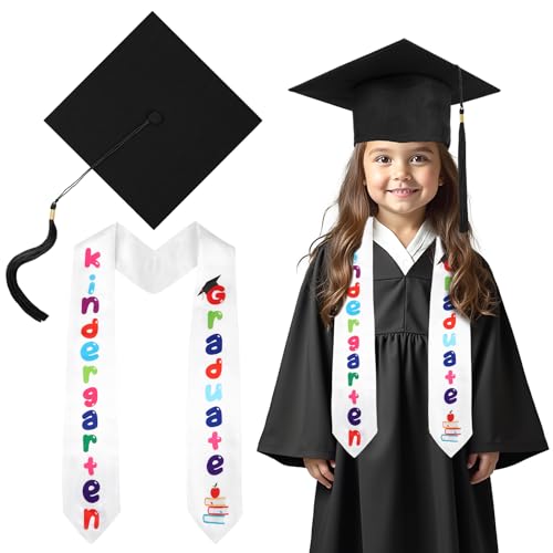 BOARDFEB 2 Pcs Kindergarten Graduation Cap and Stole, 2025 Preschool Kindergarten Graduation Decorations for Boys Girls Gifts Black