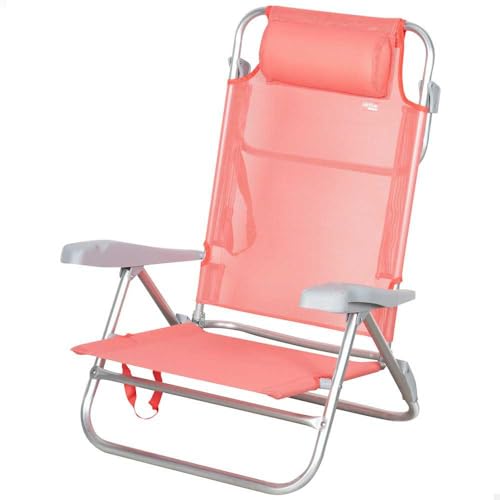 AKTIVE Silla playa plegable, 8 posiciones, Color coral, 47x49x82 cm, Incluye cojín acolchado, Asas de transporte, Soporta 110 kg, Sillas respaldo reclinable, Multiposición (62665)