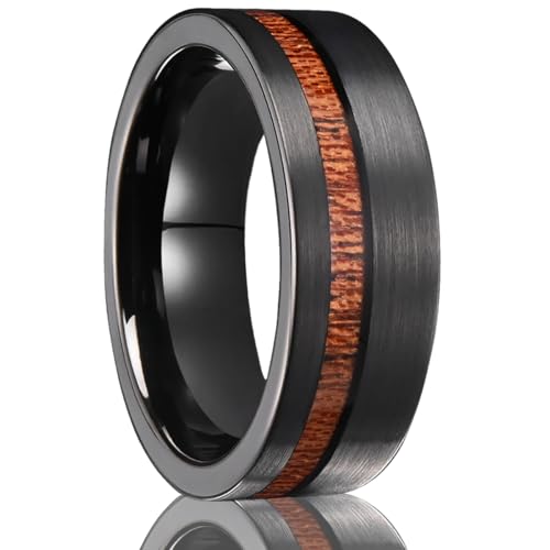 Tungsten Carbide Rings for Men 8mm Black Hammered Whiskey Barrel Wood & Elk Antler Inlay Men's Engagement Wedding Bands Matte Brushed