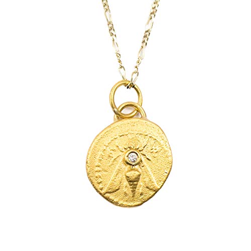 24k Solid Gold Artemis Bee Coin Pendant with Diamond Accent on 14k Solid Gold Figaro Chain Necklace - 16 inches Long Handmade Necklace by Miller Mae Designs
