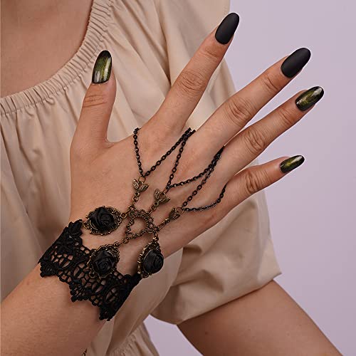Kercisbeauty Black Rose Floral Lack Bracelet with Finger Ring Gothic Hand Chain Retro Gold Metal Pendant Wrist Chain for Women Halloween Party (Style 5)3